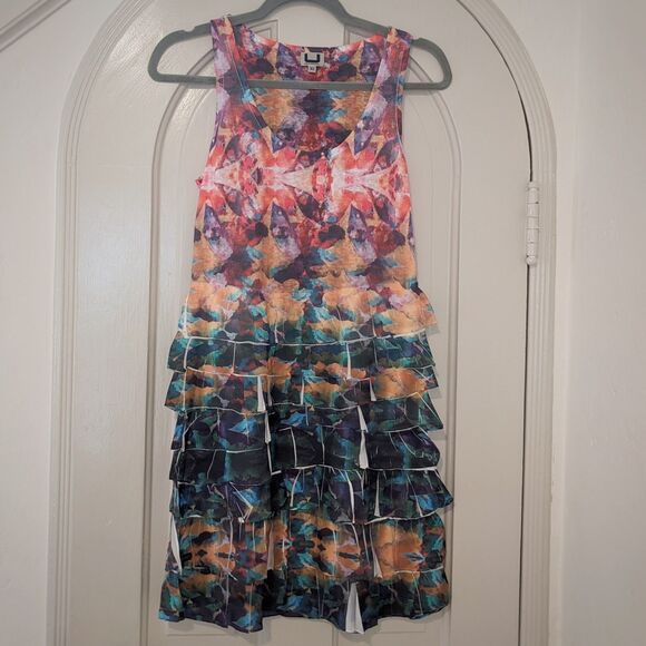 ADOLFO DONIMGUEZ Knit Watercolor Floral Ruffled/Pleated Mini Dress, Sz. XS/S - Picture 5 of 6